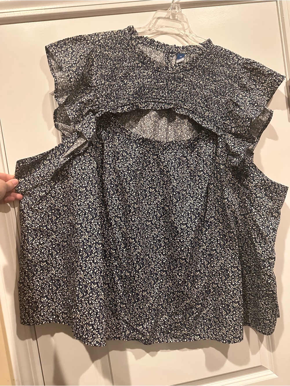 Old Navy Navy and White Ruffle-Yoke Blouse